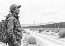 Imigrante observando o muro entre México e Estados Unidos, símbolo dos riscos da imigração ilegal