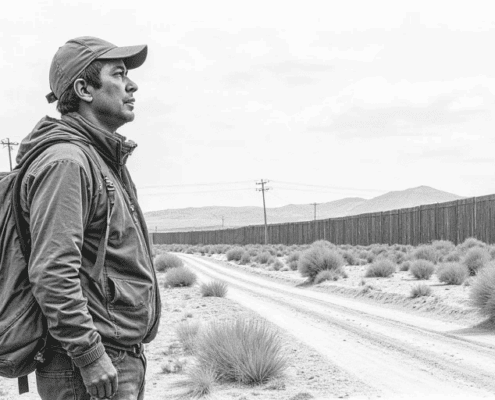 Imigrante observando o muro entre México e Estados Unidos, símbolo dos riscos da imigração ilegal