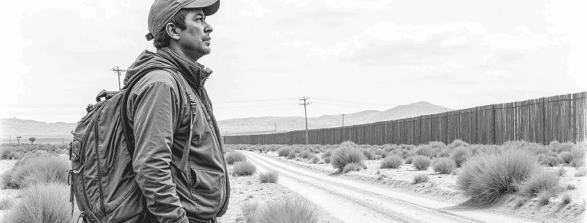Imigrante observando o muro entre México e Estados Unidos, símbolo dos riscos da imigração ilegal