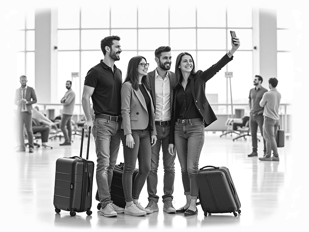 Grupo de 4 executivos tirando selfie no aeroporto após aprovação do visto americano B1/B2
